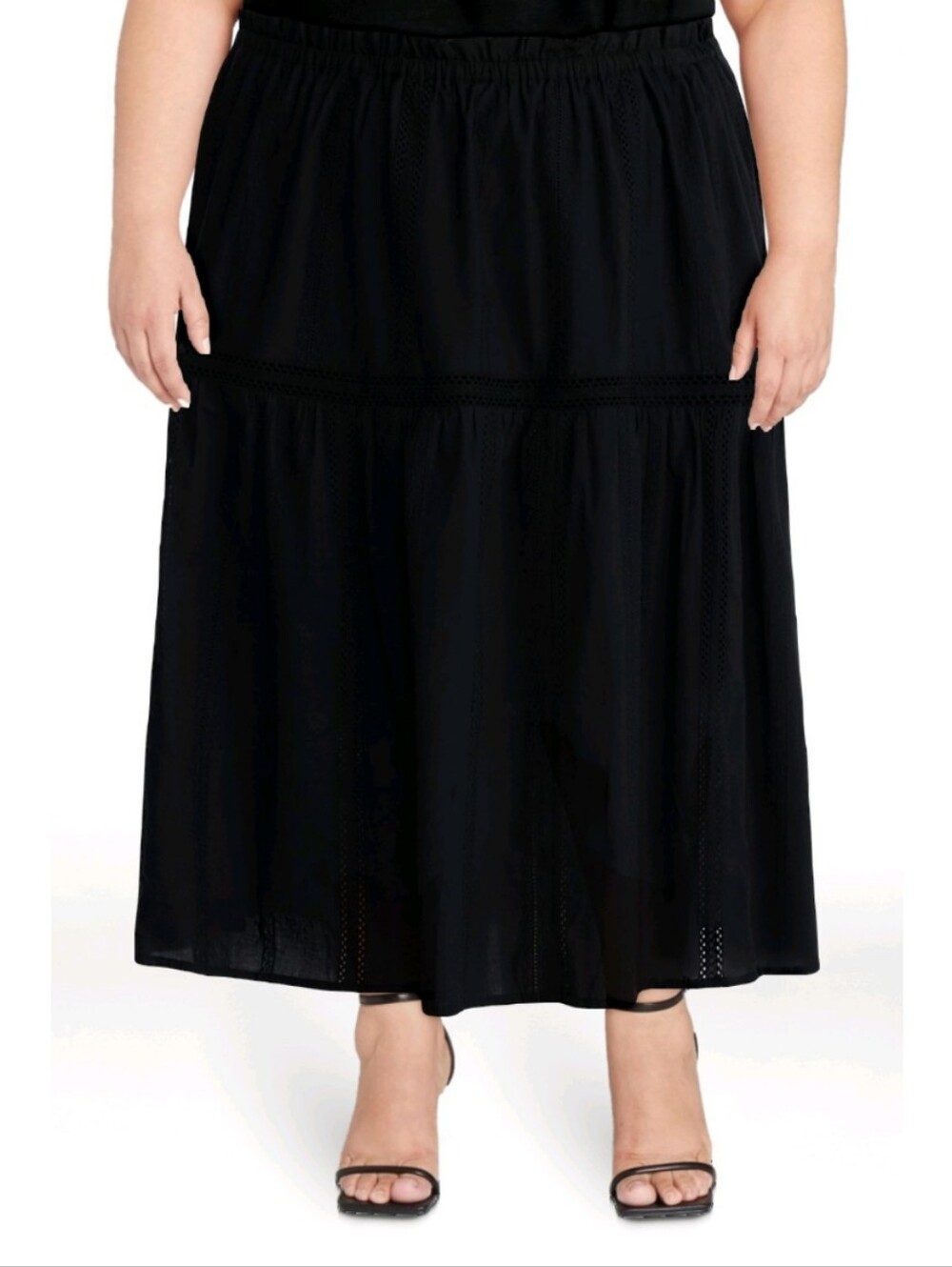 Terra & Sky Black Cotton Geo Eyelet Midi Skirt 1X